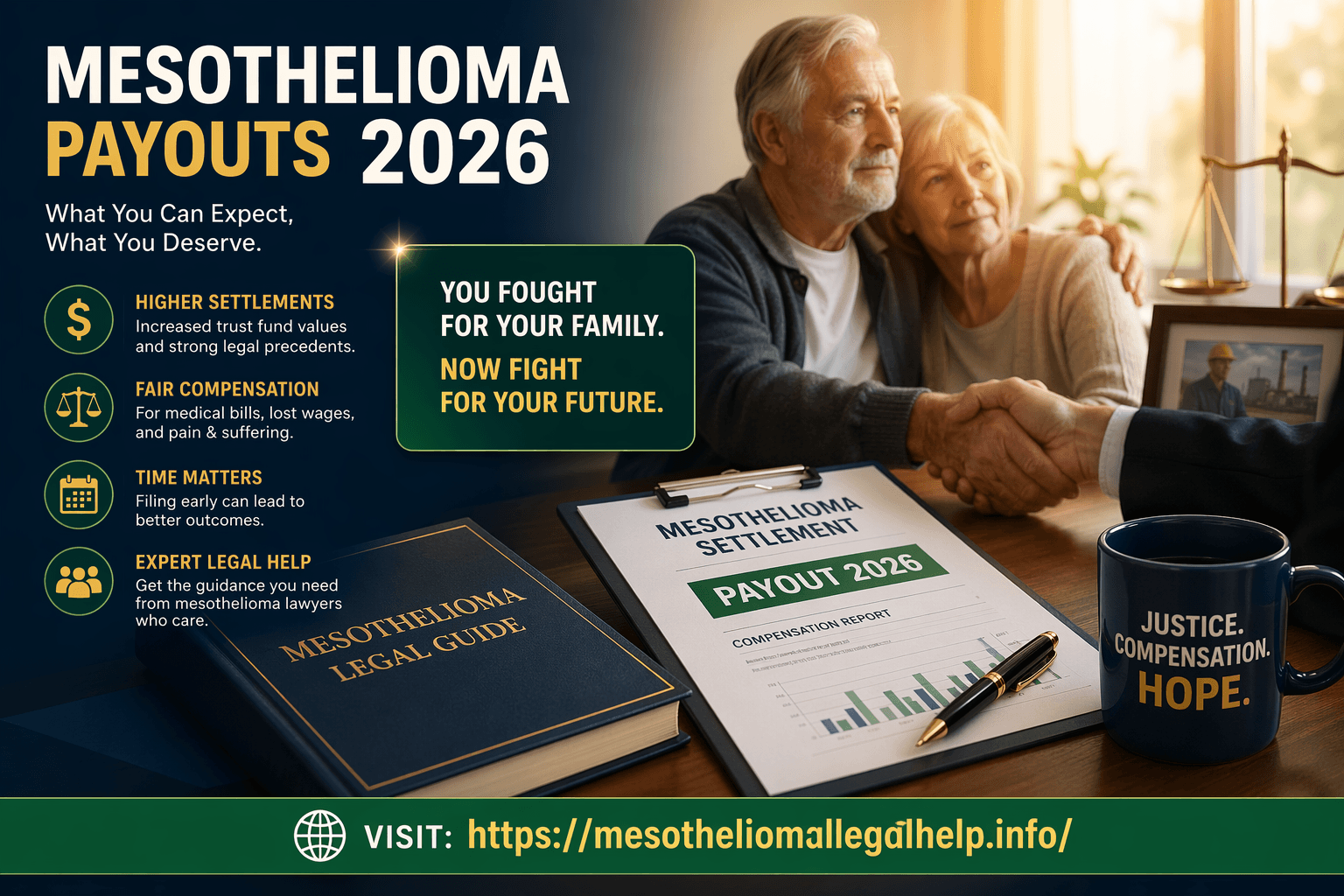 Mesothelioma payouts 2026 infographic showing elderly couple meeting lawyer, compensation report, legal guide book, and highlights about settlements, medical costs, and legal help.