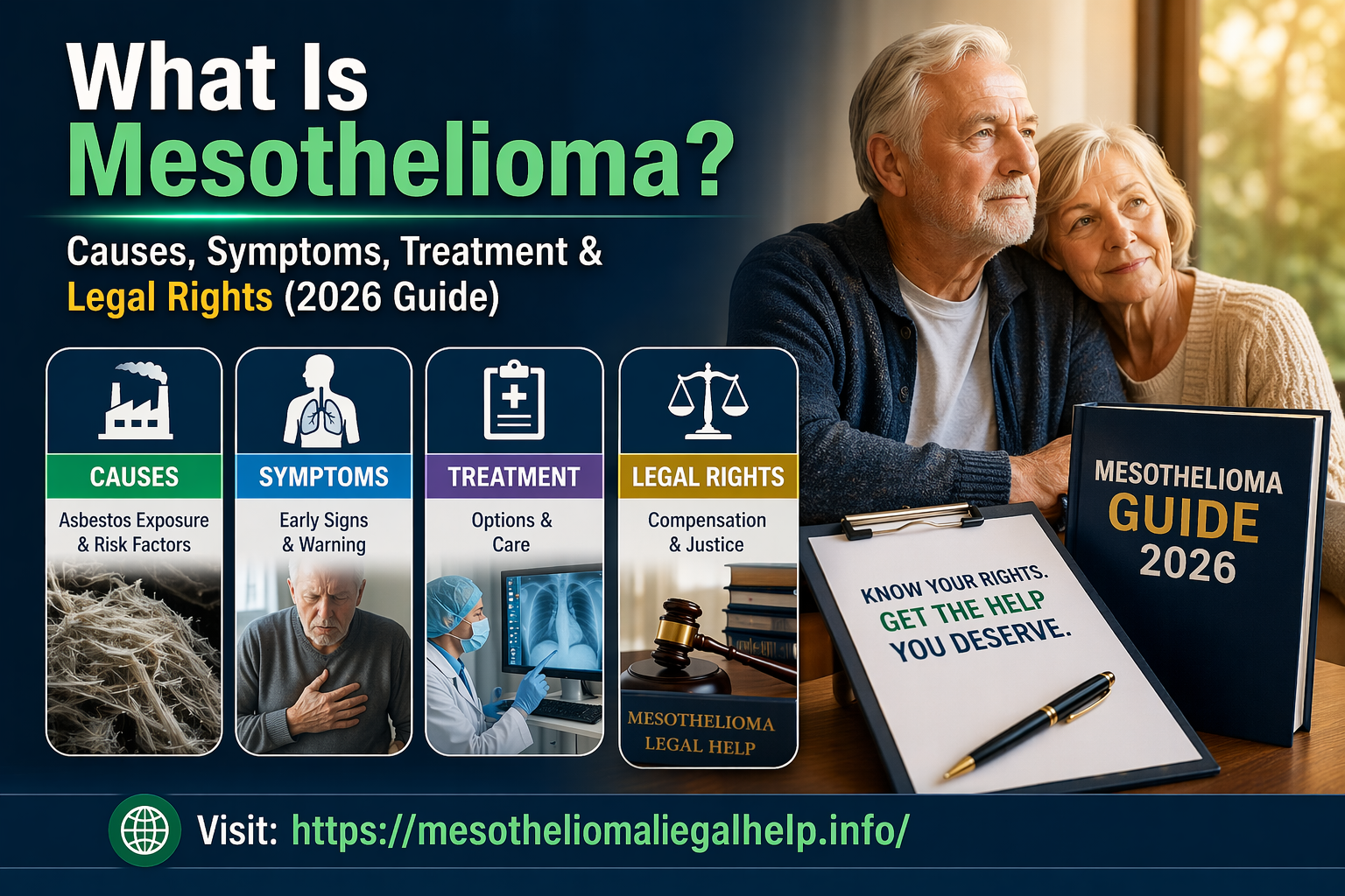 Mesothelioma 2026 guide infographic covering asbestos exposure causes, early symptoms, treatment options and legal compensation rights.
