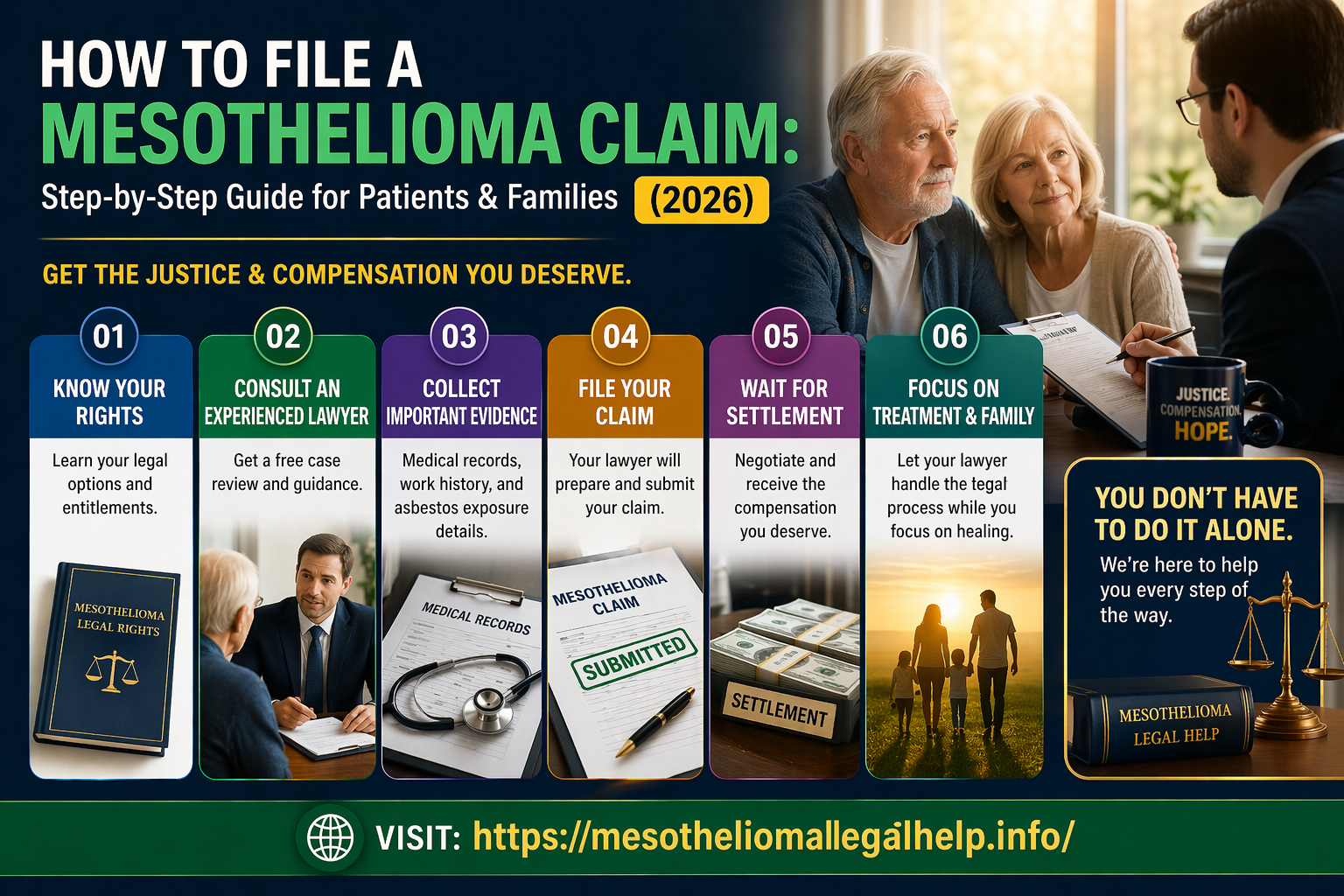 Mesothelioma claim process 2026 infographic covering legal rights, asbestos evidence, lawyer help, claim filing and compensation settlement steps.