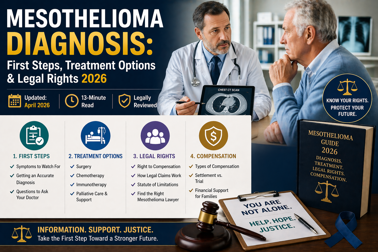 Mesothelioma diagnosis 2026 infographic covering symptoms, treatment options, legal rights, compensation claims and patient support.