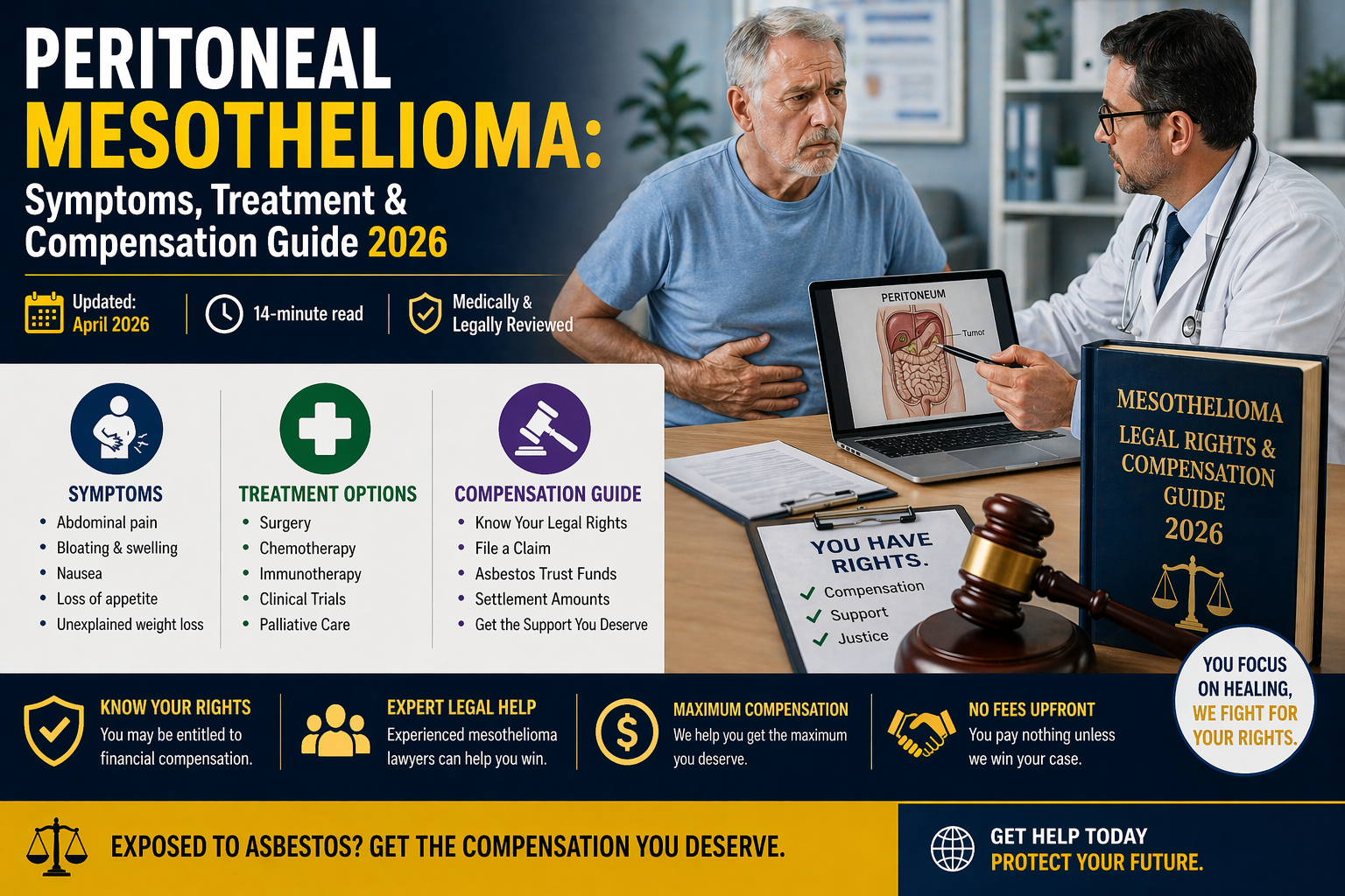 Peritoneal mesothelioma 2026 guide covering abdominal symptoms, HIPEC treatment options, legal rights and compensation for patients and families.
