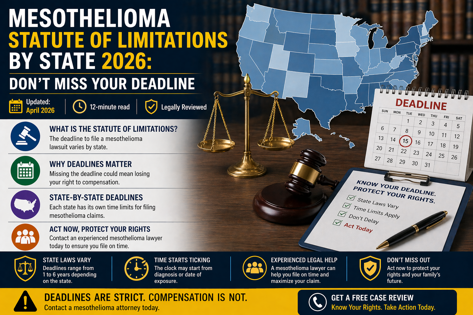 Mesothelioma statute of limitations 2026 guide showing filing deadlines by state for asbestos lawsuits and compensation claims.