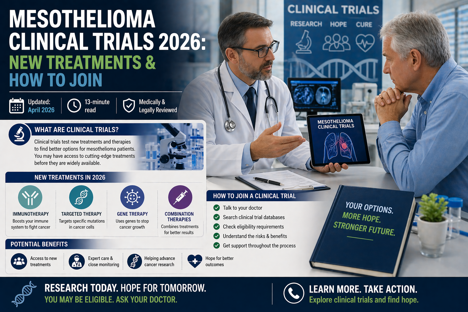 Mesothelioma clinical trials 2026 guide covering new immunotherapy treatments, eligibility requirements, how to join and compensation available for patients and families